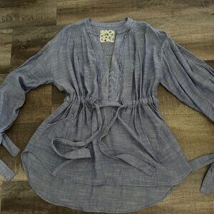 Free People Boho Gauze Cotton Tunic Smocked Waist Tie Belt Long Sleeve Size L